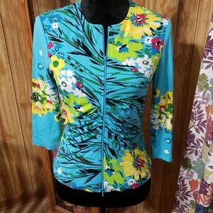 Joseph Ribkoff Turquoise Floral Zip-Front Jacket